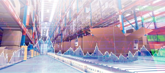 Composite image of row of brown cardboard boxes on conveyor belt