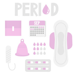 Woman healthcare, vector set. A collection of menstrual products and symbols: sanitary pads, menstrual cup, tampon, pills, calendar and drops infographics. Flat editable vector illustration