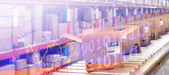 Composite image of row of cardboard boxes on conveyor belt