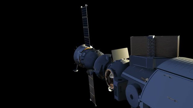 Flight Of Space Station With Alpha Matte. 3D Animation. 
