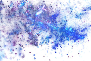 Bright splash. Abstract blue sparkles on white background. Fantasy fractal texture. Digital art. 3D rendering.