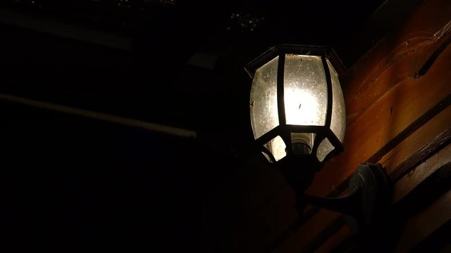 Insect flying around a vintage lamp lights at night.