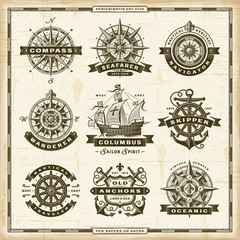 Vintage nautical labels collection. Editable EPS10 vector illustration in retro woodcut style.