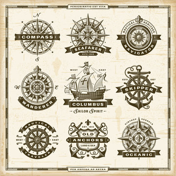 Vintage nautical labels collection. Editable EPS10 vector illustration in retro woodcut style.