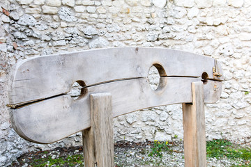 Wooden pillory on the castle Pilcza in Smolen (Poland)