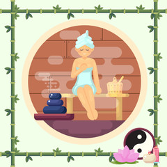 Woman in the sauna steam flat vector illustration colorful concept