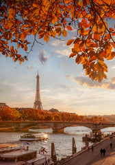 Fototapeta na wymiar Paris with Eiffel Tower against autumn leaves in France