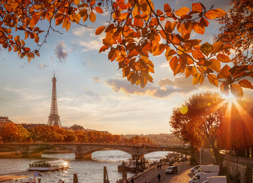 Fototapeta Paris with Eiffel Tower against autumn leaves in France
