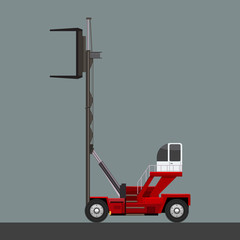 Vector of forklift working with cargo container and carton and crane hook.