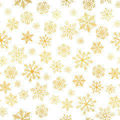 Golden snowflake. Snowflake simple seamless pattern. Abstract wallpaper, wrapping decoration. Symbol of winter, Merry Christmas holiday, Happy New Year celebration Vector illustration
