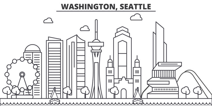 Washington, Seattle architecture line skyline illustration. Linear vector cityscape with famous landmarks, city sights, design icons. Editable strokes