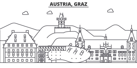 Austria, Graz architecture line skyline illustration. Linear vector cityscape with famous landmarks, city sights, design icons. Editable strokes