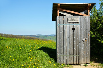 Wooden outhouse in the middle of park - obrazy, fototapety, plakaty