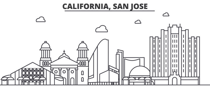 California San Jose Architecture Line Skyline Illustration. Linear Vector Cityscape With Famous Landmarks, City Sights, Design Icons. Editable Strokes