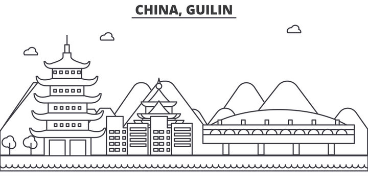 China, Gulin architecture line skyline illustration. Linear vector cityscape with famous landmarks, city sights, design icons. Editable strokes