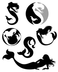 Collections of vector silhouettes of mermaids.