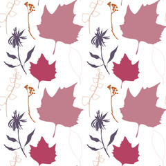 Floral vector seamless pattern with wild flowers, platan or maple and ivy leaves and twigs with berries.