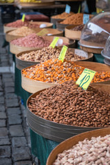 Various baked seeds and nuts in authentic Greek market 