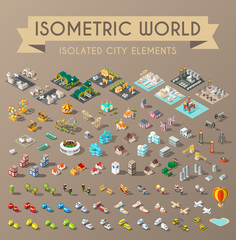 Set of Isometric High Quality City Element on Brown Background