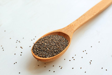 Chia seeds in spoon on table