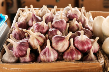 Fresh garlic in box at market, closeup