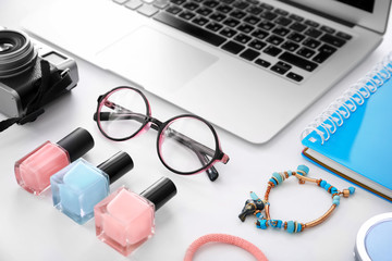 Composition with laptop, camera and accessories on white background. Beauty blogger concept