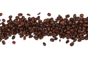 Pile coffee beans isolated on white background, top view
