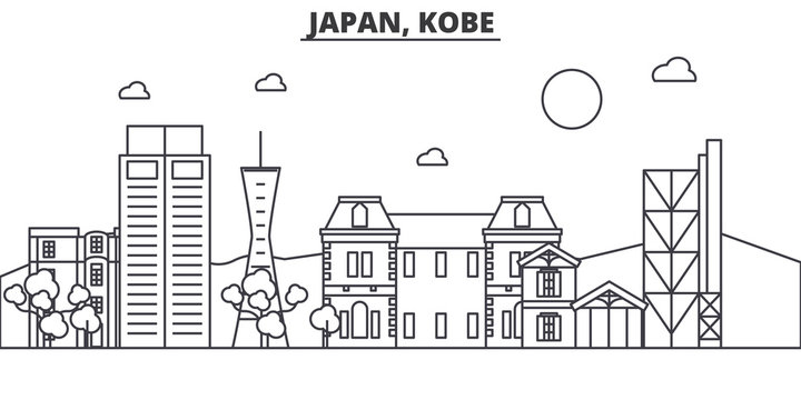 Japan, Kobe architecture line skyline illustration. Linear vector cityscape with famous landmarks, city sights, design icons. Editable strokes