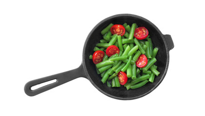 Frying pan of salad with green beans on white background