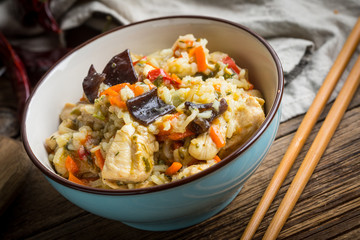 Risotto with chicken and vegetables.
