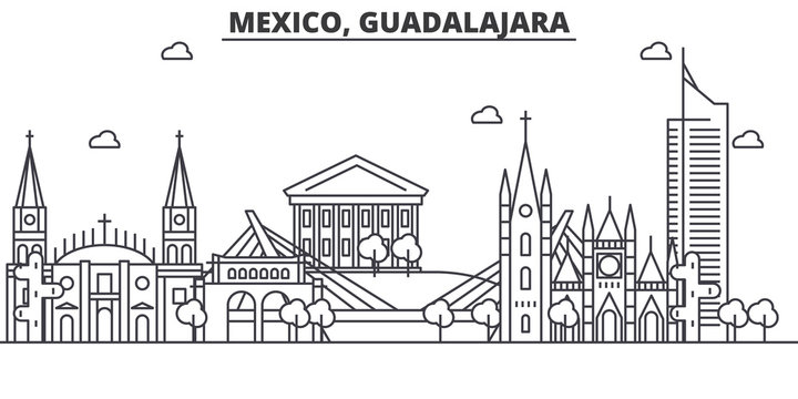 Mexico, Guadalajara architecture line skyline illustration. Linear vector cityscape with famous landmarks, city sights, design icons. Editable strokes