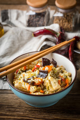 Risotto with chicken and vegetables.