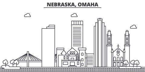 Nebraska, Omaha architecture line skyline illustration. Linear vector cityscape with famous landmarks, city sights, design icons. Editable strokes