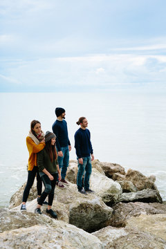 Group of friends looking the ocean