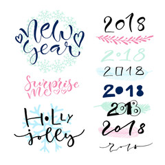 Handwritten New Year greeting card decorations.Calligraphic vector illustration with 2018 numbers.