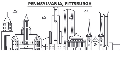 Pennsylvania  Pittsburgh architecture line skyline illustration. Linear vector cityscape with famous landmarks, city sights, design icons. Editable strokes - obrazy, fototapety, plakaty