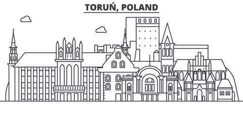 Poland, Torun architecture line skyline illustration. Linear vector cityscape with famous landmarks, city sights, design icons. Editable strokes - obrazy, fototapety, plakaty