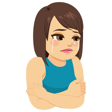 Illustration of sad depressed crying girl with arms crossed protection concept