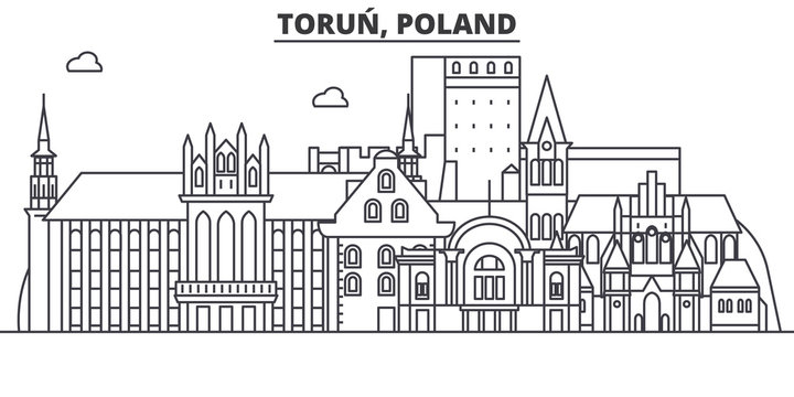 Poland, Torun architecture line skyline illustration. Linear vector cityscape with famous landmarks, city sights, design icons. Editable strokes