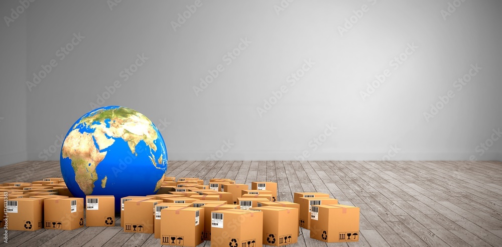 Poster composite image of composite image of boxes and globe