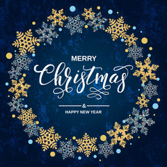 Fototapeta na wymiar Merry Christmas handwriting script lettering. Christmas greeting with snowflakes on blue background. Vector illustration