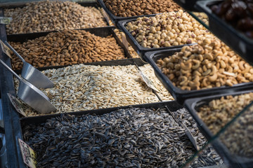 Various baked seeds and nuts in authentic Greek market 
