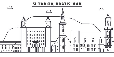 Slovakia, Bratislava architecture line skyline illustration. Linear vector cityscape with famous landmarks, city sights, design icons. Editable strokes