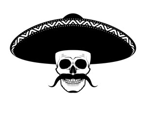 Stencil moustached skull in sombrero black and white