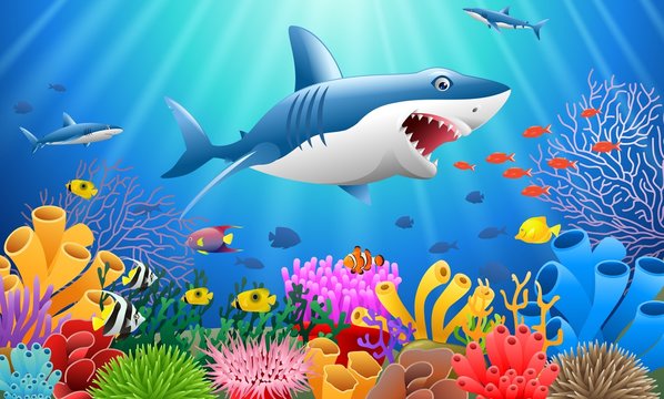 Cartoon shark with Coral Reef Underwater in Ocean Vector illustration
