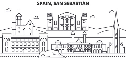 Naklejka premium Spain, San Sebastian architecture line skyline illustration. Linear vector cityscape with famous landmarks, city sights, design icons. Editable strokes