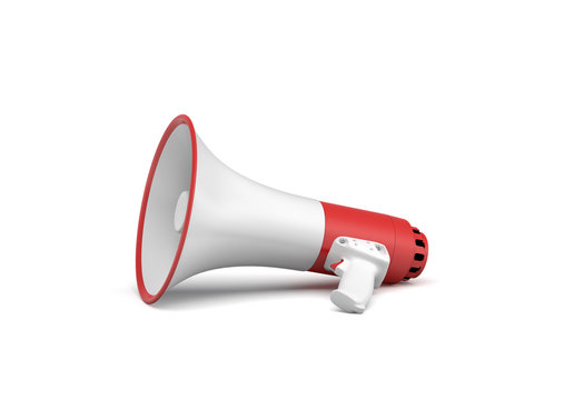 3d rendering of a single red and white megaphone lying in side view on white surface.