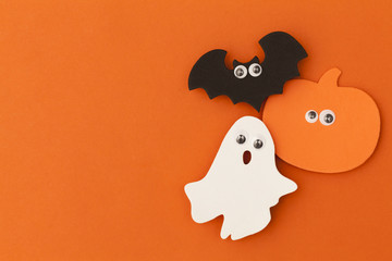 Halloween pumpkin, bat and ghost funny characters