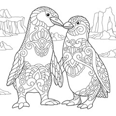 Obraz premium Coloring page of emperor penguins couple in love. Freehand sketch drawing for adult antistress coloring book in zentangle style.