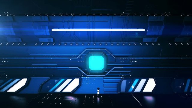 Futuristic 3d rendering of a dark blue tunnel with shimmering surface and light blue illuminators. The fast ride is made from the traffic right perspective. It looks sci-fi. 